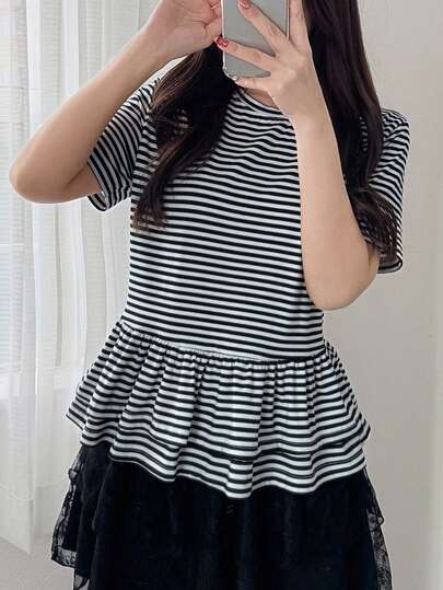 FRIFUL Women's Round Neck Fitted Short Sleeve Striped Hem Multi-Layer Ruffle Patchwork Casual Sweet Summer T-Shirt