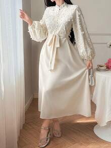 DAZY Đầm dài nữ cổ tàu thiết kế thắt nút đính họa tiết thanh lịch, eo thon, thích hợp cho các bữa tiệc mùa hè. - Màu be - Xem 5