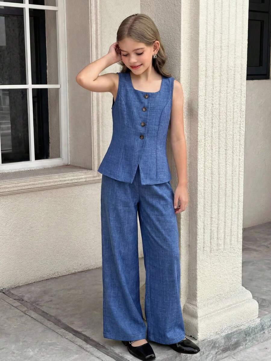 SHEIN Conjunto de top sin mangas con botones y pantalones rectos de moda callejera elegante y casual con estampado jacquard de rayas para niñas preadolescentes - Azul - Ver 1