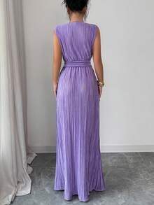 Franclia Women's Fashionable And Versatile Party Dresses, Women's Long Lilac Purple Sleeveless Wrap Dress With V-Neck Pleats, Dress With Metal Buckle Belt, Elegant And Slim Lilac Purple Banquet Dress, Women's Wedding Guest Dress, Wedding Party Dress, Women's Holiday Dress, Elegant Long Dress, Women's Beach Dress, Women's Graduation Dress, Women's Formal Dress/Gown, Women's Purple DressGraduation Season Attire, Fashionable Casual Commuter Wear, Business Office Wear, Versatile And Stylish Everyday Casual Wear, Urban Teacher's Professional Attire - Lilac Purple - View 2