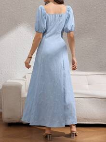 Rafferiza 女士夏季法式优雅简约方领花瓣袖收腰长款提花休闲连衣裙，蓝色 - 淺藍色 - 查看 2