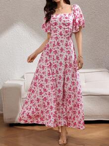 Rafferiza Women's Elegant Casual Red Floral Print Square Neck Ruffle Sleeve Back Tie Waist Slimming Long Vacation Dress, Summer - Red and White - View 4