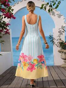 Vivid Eden 女士夏季度假条纹印花系带连衣裙 - 湖藍色 - 查看 11