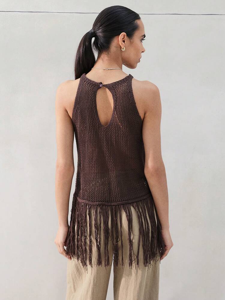 KSTM Ärmellose braune Mesh-Strick-Tanktop der Damen mit Fransen-Saum-Detail, hohem Kragen, Schlüsselloch-Rücken und strukturierter bohemian Festival Sommer-Oberseite