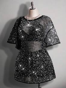 SHEIN ICON 大码音乐节全息T恤裙，宽松全息音乐节派对T恤裙 - 銀色 - 查看 4