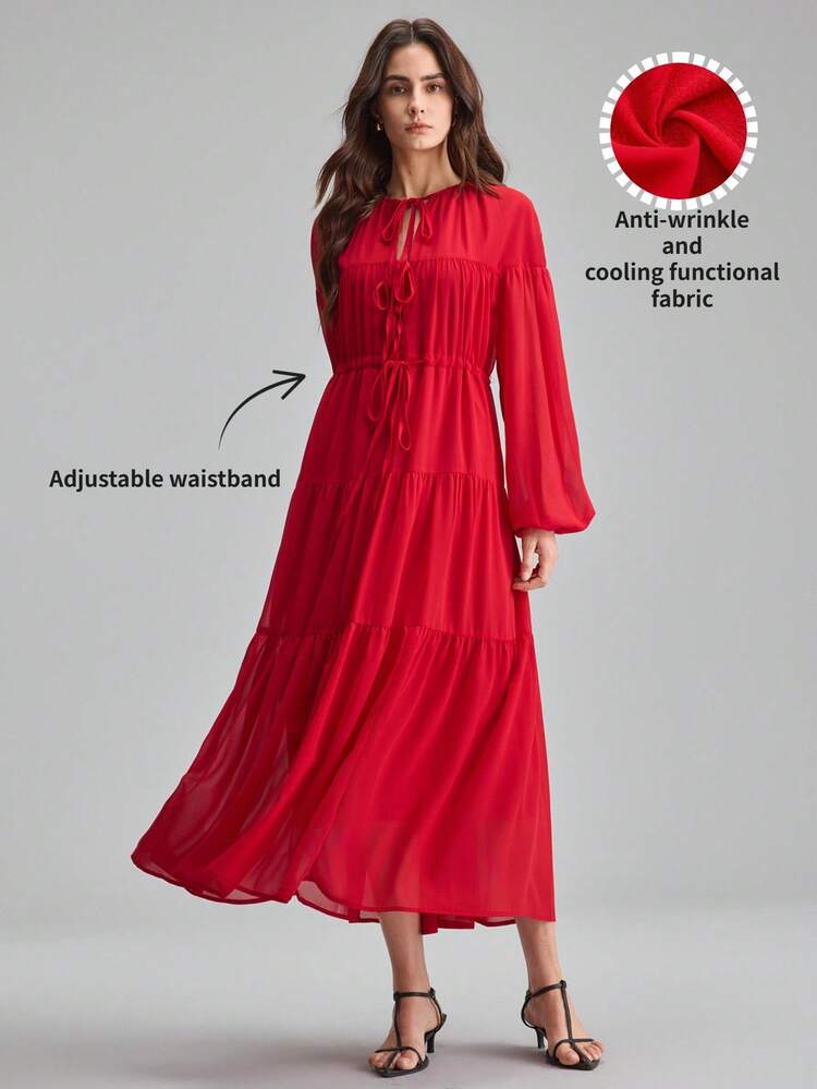 2026 Cherry Red Chiffon Wrinkle-Resistant Fabric V-Neck Loose Fit Raglan Sleeve Long Sleeve Pleated A-Line Maxi Dress, Romantic Flowy Relaxed Silhouette, Modern Urban Chic Business Casual Office Wear, High-Quality Designer Series, Comfortable All-Season Essential Dress Chiffon Dresses For Women Red Midi Dress Red Casual Dress Midi Dress With Sleeves Pleated Dresses For Women High-End, Elegant, Old-Fashioned Cruise Attire For Wedding Guests Red Maxi Dress Women Red Long Sleeve Dress Flowy Dresses