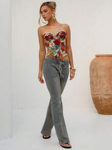 BiaLiraa 性感复古铆钉系带低腰牛仔裤 - 中等水洗藍 - 查看 6