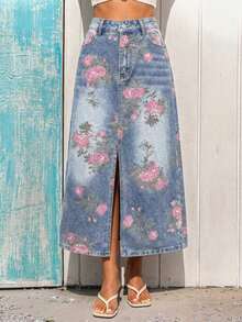 Vivid Eden Women's High Waist Pocketed Floral Pattern Slit Hem Casual Denim Skirt - Blue - View 3