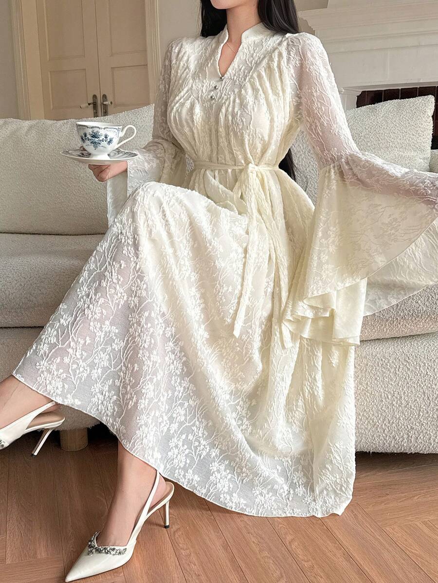 DAZY Women's Elegant Lace Stand Collar Flare Sleeve Belted Mid-Length Dress, Spring & Summer - Beige - View 1