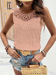 Breezaya Camisa sin mangas de unicolor con parches de encaje, casual para vacaciones - Rosa Pálido - Ver 5