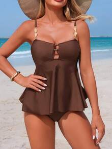 Swim Lushoire New Brown Hollow-Out Swimwear, Ruffle Strap Flounce Tummy Control Two Pieces Tankini Set - Brown - View 1