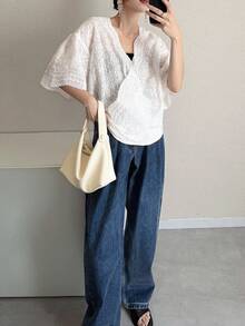 FRIFUL Áo kiểu nữ dáng rộng, cổ chữ V, vai rớt, thêu họa tiết, chất liệu vải thô. - trắng - Xem 5