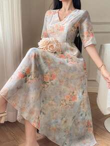 DAZY 雪纺长袖连衣裙，春季高端修身优雅女式长裙 - 杏色 - 查看 4