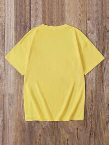 SHEIN EZwear 宽松休闲极简主义英文文字压纹图案圆领短袖T恤，黄色 - 黃色 - 查看 6