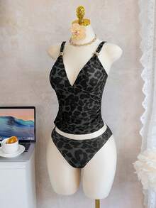 Bonvoyette 女士休闲无袖吊带比基尼套装，简约度假风，成熟豹纹设计，金属扣V领显瘦，两件式坦克背心泳衣，春夏款 - 彩色 - 查看 3