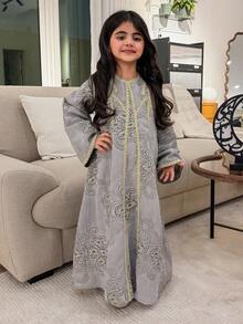 Dazy Kids Girls V-Neck Long Sleeve Mid-Length Dress, Spring/Summer New Arrival - Grey - View 2