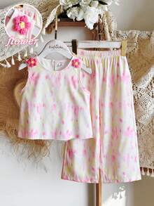 SHEIN Girls Pink Tie-Dye Sleeveless Shirt & Wide-Leg Pants Set,Cute Summer Matching Outfits For Kids,Family Vacation Stylish 2 Pcs Floral Co-Ords,Polyester - Pink - View 3