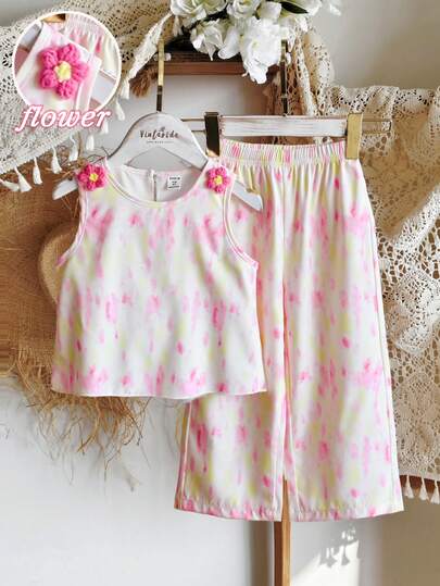 SHEIN Girls (Small) Spring/Summer Casual Fashion New Outfit: Front Floral Knit Decor Sleeveless Shirt With Digital Print, Paired With Casual Pants, Cute & Stylish For Daily, School, Vacation, Party, Suitable For Spring/Summer