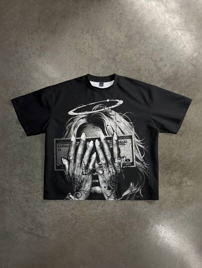 Manfinity ZONE917 Boxy Cropped Men's Street Style Distressed Grey Money Angel Face Print Cropped T-Shirt