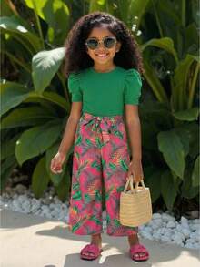 2pcs/Set Young Girl Knitted Solid Green Round Neck Puff Sleeve Top And Loose Casual Floral Print Wide Leg Pants - Green - View 6