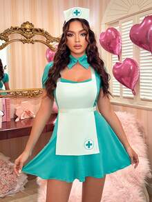 Fantasy Costume Bộ trang phục y tá giả tưởng 4 món bao gồm băng đô, cà vạt, tạp dề và váy. - màu xanh lá - Xem 5