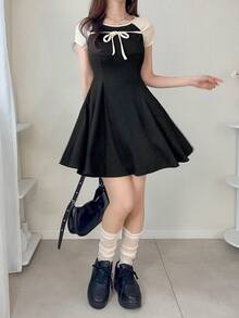 FRIFUL Women's Round Neck Bow Tie Front Raglan Sleeve Dress, Sweet Summer Style - White - View 4