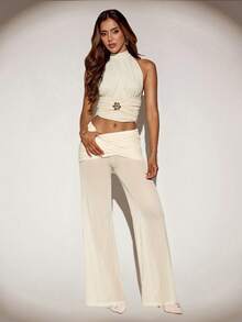 SHEIN ICON Women's Fashion Sexy Ruched Patchwork Pants - Beige - View 5