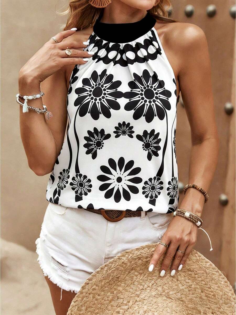 EMERY ROSE Women's Printed Pleated Sleeveless Casual Summer Shirt, Sleeveless Blouse - Black and White - View 1
