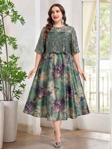 Reflora Đầm ren họa tiết hoa thanh lịch cỡ lớn, thích hợp cho mùa hè. - màu xanh lá - Xem 6