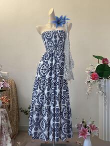 INAWLY Vestido casual de vacaciones de largo medio con estampado total tipo bandeau para mujer - Azul - Ver 5