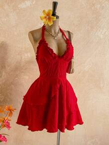 Soleia New Casual Vacation Western Beach Wedding Guest Attire, Graduation Brunch, St. Patrick's Day Spring Break, Easter, Music Festival, Elegant Boho Tropical Graceful Red Textured Bow Tie Backless Ruffle Mini Dress, Suitable For Valentine's Day, Halloween, Christmas - Red - View 6