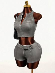 Mistrie 女士短款拉链翻领牛仔背心 - 白色 - 查看 5