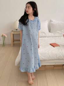Dazy Kids 少女心形印花荷叶边睡裙家居服夏季 - 藍色 - 查看 3