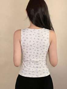 DAZY Áo tank top nữ không tay cổ chữ V nhún bèo in chấm bi, kiểu dáng thường ngày, thích hợp cho mùa hè. - trắng - Xem 3