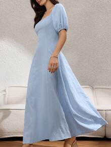 Rafferiza 女士夏季法式优雅简约方领花瓣袖收腰长款提花休闲连衣裙，蓝色 - 淺藍色 - 查看 3