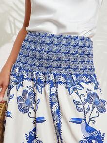 Amorya 女士波西米亚风印花A字裙，蓝白印花休闲度假装，春夏款 - 藍白色 - 查看 6