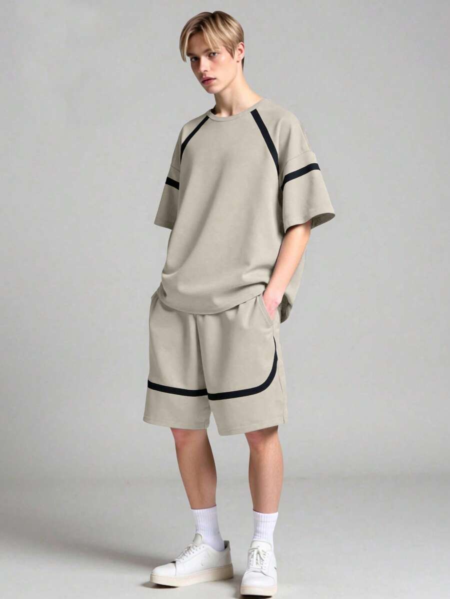 SHEIN Vacaura 2件套青少年春夏秋季插肩袖撞色条纹T恤和口袋短裤休闲运动时尚套装 - 杏色 - 查看 1