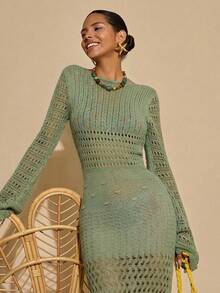 Bóhologie Going Outfit Crocheted Dress Vacation Summer Dress Women V-Neck Hollow Out Bodycon Knit Cover Up Dress Beachwear Boho Style Spring Dress - Green - View 5