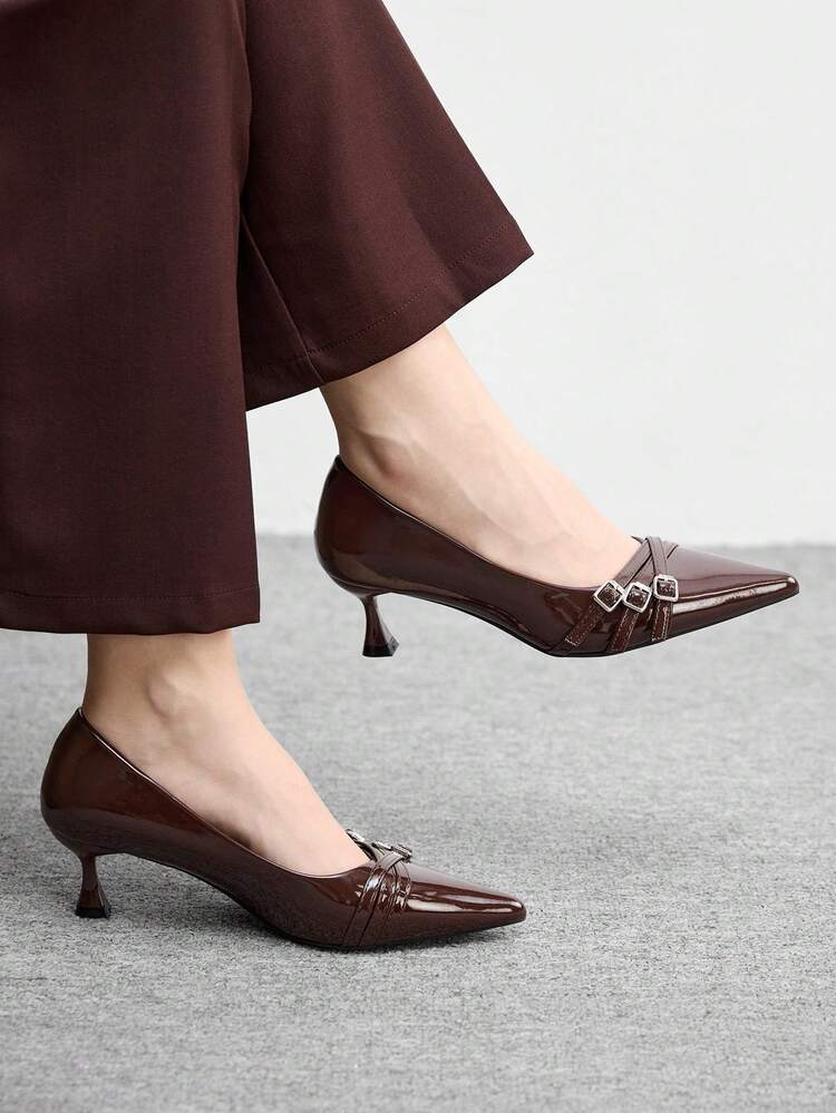 CUCCOO BIZCHIC Women Shoes Women's Pointed Kitten With Brown Multi-Stripe Cross Low Vamp Daily Commuting Versatile To Work Slip-On Women's High-Heeled Shoes Women's Shoes
