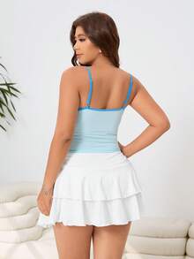 Solflare Plus Size Summer Holiday Beach Boho Blue And White Floral Adjustable Strap Camisole Top&White Built-In Shorts Skirt Set,Stretchy Knit Everyday Outfit - Multicolor - View 2