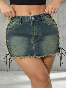 SHEIN ICON 女士侧边镂空系带毛边下摆休闲牛仔迷你裙 - 深色水洗藍 - 查看 4