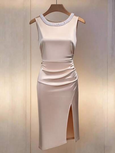 SHEIN Women's Elegant Fashion Date/Holiday Pearl Decor Round Neck Ruched Waist Dress, Summer