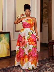 Maweii 大码女士性感露背吊带系带印花长裙，度假装 - 彩色 - 查看 1