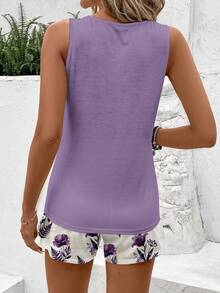 SHEIN LUNE 休闲简约度假波西米亚风优雅复古紫色印花图案，适合音乐节、海滩、度假、夏季外出穿着的女士无袖上衣和短裤两件套 - 彩色 - 查看 2