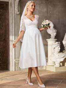 SHEIN Đầm bầu ren xòe thanh lịch, thoải mái, thích hợp cho kỳ nghỉ lãng mạn. - trắng - Xem 5