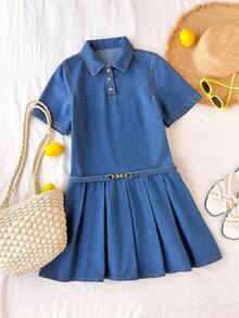 Comfortcana Women's Blue Denim Dress Casual Short Sleeve Pleated Hem With Gold Buckle Belt,Collared Elegant Summer Autumn School Back-To-School Party Outfits - Medium Wash - View 1