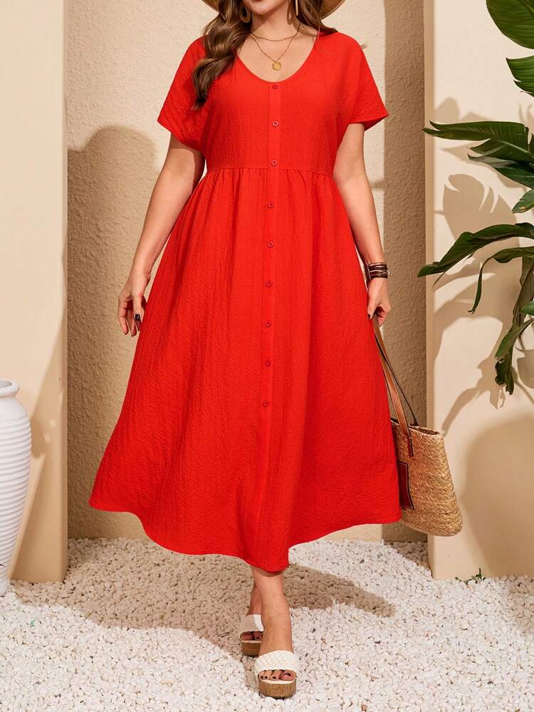 Women's Plus Size Casual Red V Neck Short Sleeve Button Front Midi Dress Short Sleeve Summer Button Up Beach Wear Summer Outfit For Plus Size Women Festival Outfits For Plus Size Women Beach Outfits For Plus Size Women Vacation Outfits Plus Size Women Country Concert Outfit Boho Outfit