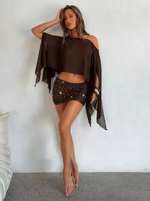 Aloruh 女士新款纯棕色两件套，不对称肩部上衣搭配迷你裙，夏季度假及音乐节波西米亚风穿搭 - 棕色 - 查看 4