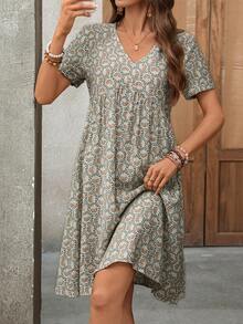 EMERY ROSE Women's V-Neck Allover Print Pleated Casual Summer Short Dress - Multicolor - View 6