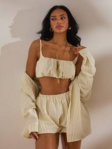 Opulessa 3pcs/Set Spring & Summer Vacation Woven Striped Loose Shirt & Camisole & Shorts Women 2 Pieces Set - Light Yellow - View 7